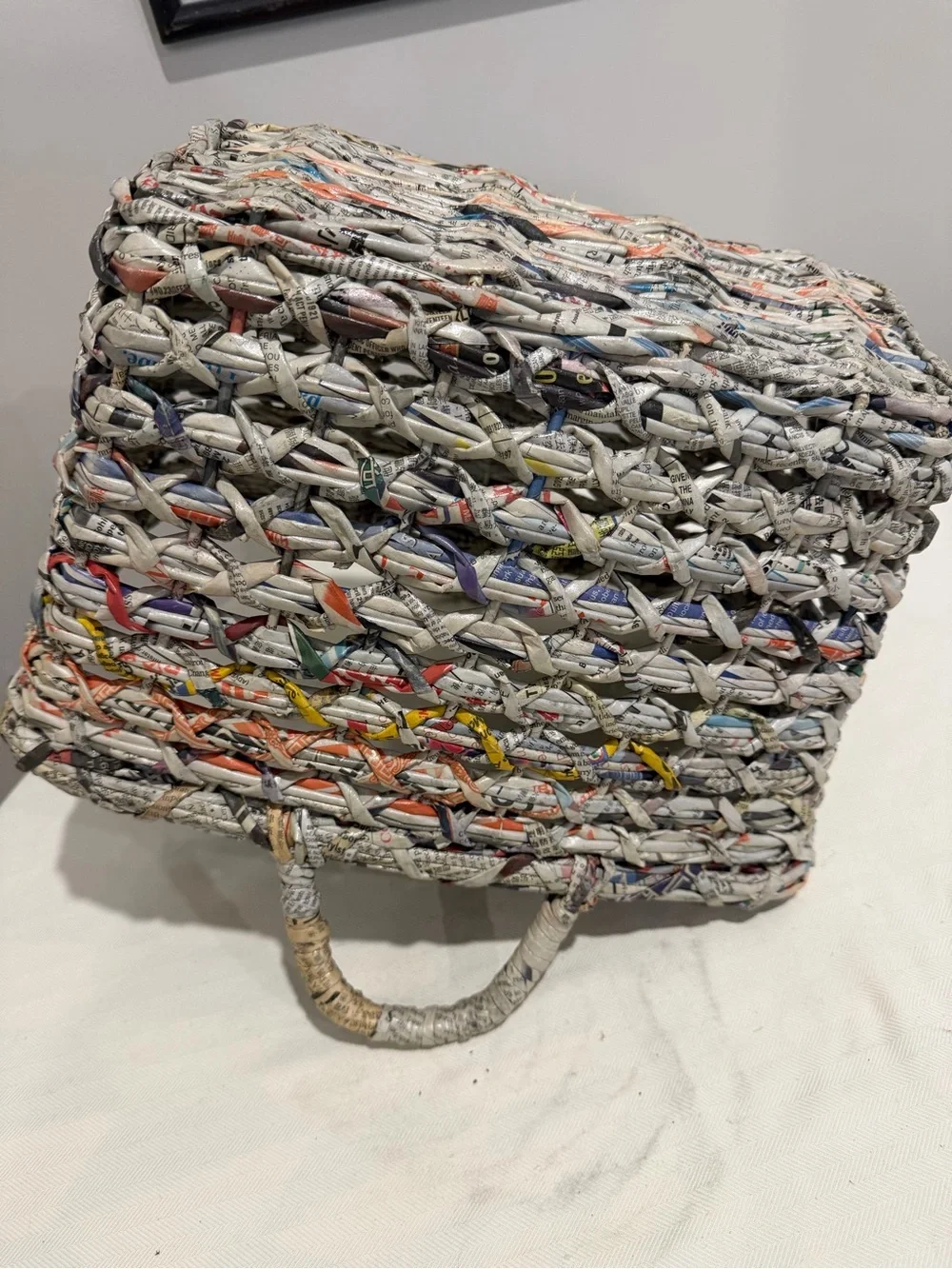 Hand Crafted Multi-Color Woven Newspaper Basket with Gray Tones